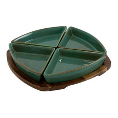 Imagem de PETISQUEIRA EM CERÂMICA VERDE COM BASE DE MADEIRA E 4 BOWLS 28X28X5 CM - Cross Comercial Ltda
