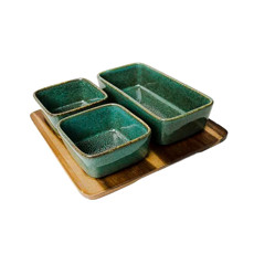 Imagem de PETISQUEIRA EM CERÂMICA VERDE COM 3 BOWLS E BASE EM MADEIRA 22X22X8 CM - Cross Comercial Ltda