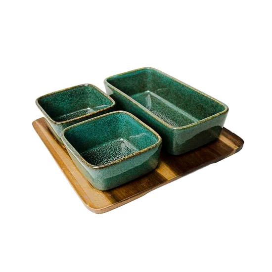 Imagem PETISQUEIRA EM CERÂMICA VERDE COM 3 BOWLS E BASE EM MADEIRA 22X22X8 CM