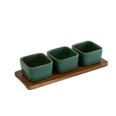 Imagem de PETISQUEIRA EM CERÂMICA VERDE COM 3 BOWLS E BASE EM MADEIRA 31X11X8 CM - Cross Comercial Ltda