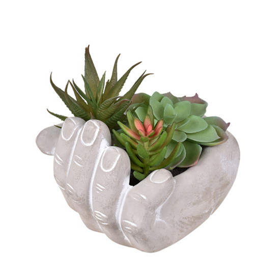 Imagem ARRANJO DECORATIVO DE SUCULENTAS VERDES COM VASO FORMATO MÃO EM GESSO - GRILLO