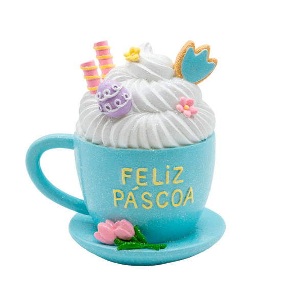 Imagem XÍCARA DECORATIVA AZUL E BRANCA COM LED AMARELO EM RESINA 14X11X14 CM - TOK DA CASA