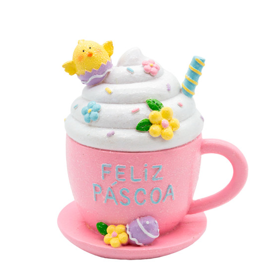 Imagem XÍCARA DECORATIVA ROSA E BRANCA COM LED AMARELO EM RESINA 14X11X14 CM - TOK DA CASA