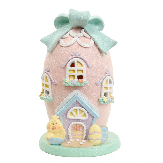 Imagem CASINHA COLORIDA EM RESINA OVAL COM LAÇO NO TOPO E LUZ DE LED 21X14X14 CM - CROMUS