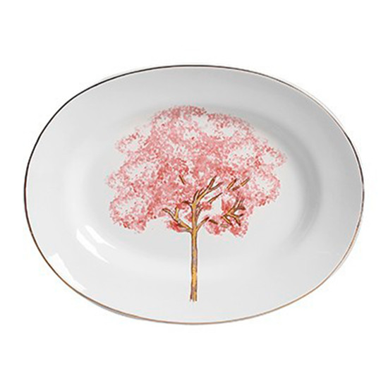 Imagem TRAVESSA GRANDE COM FILETE DOURADO YPÊ ROSA EM CERÂMICA BRANCA - SCALLA CERÂMICA