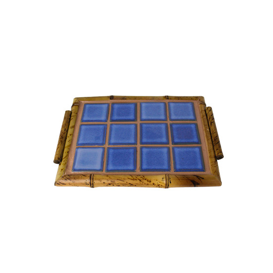 Imagem MINI BANDEJA RETANGULAR PARA SERVIR DECORATIVA EM BAMBOO E CERÂMICA AZUL 26X19 CM