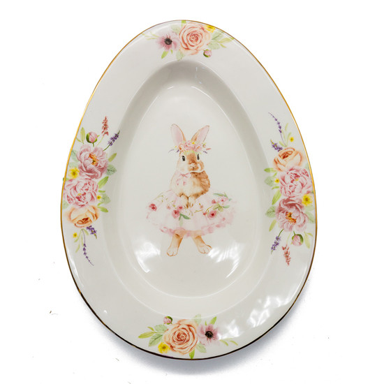 Imagem PRATO OVAL DE PÁSCOA EM PORCELANA ESTAMPA COELHA E BORDA DOURADA - TOK DA CASA