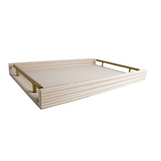 Imagem de BANDEJA RETANGULAR OFF WHITE EM MDF COM ALÇA EM METAL E LISTRAS 3D 4X45X30 CM - Inverno Verao Comercio De Modas E Decoracao Eireli