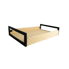 Imagem de BANDEJA RETANGULAR BEGE EM MDF COM ALÇA EM METAL E LISTRAS 3D 7X35X22 CM - ENTRECASA - Inverno Verao Comercio De Modas E Decoracao Eireli