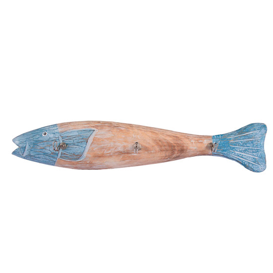 Imagem CABIDEIRO FORMATO PEIXE EM MADEIRA COR NATURAL E AZUL 55X5 CM - CONCHAS ARTESANATO