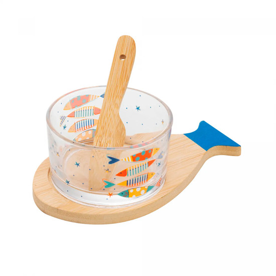 Imagem CONJUNTO 3 PEÇAS PETISQUEIRA DE VIDRO COM ESPÁTULA E BANDEJA DE BAMBU E TÁBUA IKI WOLFF