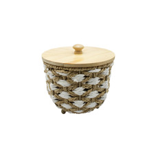 Imagem de CESTA DECORATIVA REDONDA EM PALHA CESTARIA COR BEGE E BRANCA 16X17X17CM - ENTRECASA - Inverno Verao Comercio De Modas E Decoracao Eireli