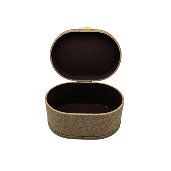 Imagem CAIXA OVAL DECORATIVA EM MDF REVESTIDA EM LONA MARROM 16X30X22CM - ENTRECASA