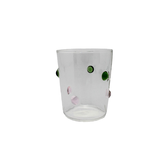 Imagem COPO BAIXO DE VIDRO TRANSPARENTE COM BOLINHAS VERDES 10X8X8CM - RIBEIRO E PAVANI