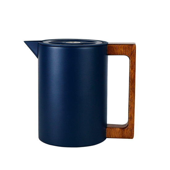 Imagem GARRAFA TÉRMICA AZUL ESCURO 600ML EM AÇO INOX E ALÇA EM MADEIRA 15X17X12CM - TUUT