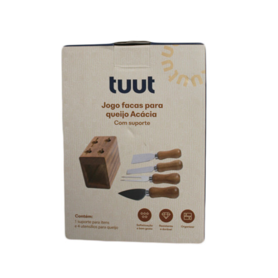 Imagem JOGO DE FACAS PARA QUEIJO 4 PEÇAS COM SUPORTE EM MADEIRA DE ACÁCIA 14X11X6CM - TUUT