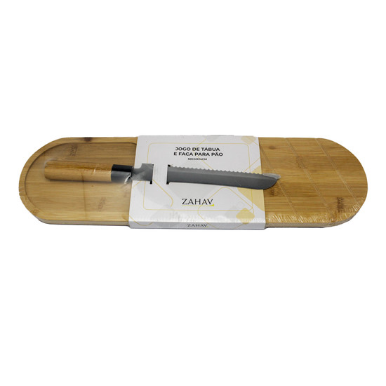 Imagem JOGO DE TÁBUAEM BAMBÚ E FACA PARA CORTAR PÃO 2X50X12CM - ZAHAV