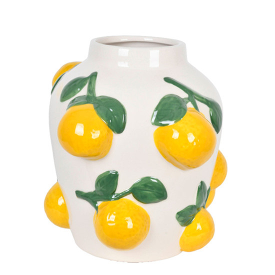 Imagem VASO DECORATIVO EM CERÂMICA BRANCA COM LIMÕES EM ALTO RELEVO 18,5X16,5CM - GRILLO
