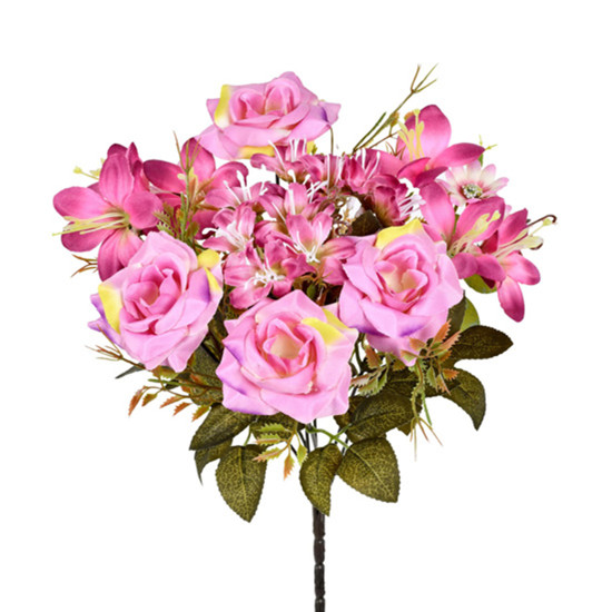 Imagem BUQUÊ DECORATIVO DE ROSAS E LÍRIOS ROSA EM PLÁSTICO MOLDÁVEL 33X22CM - GRILLO