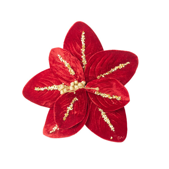Imagem POINSÉTIA DECORATIVA COR VERMELHO VELUDO COM GLITTER DOURADO 40CM CABO LONGO - TOK DA CASA