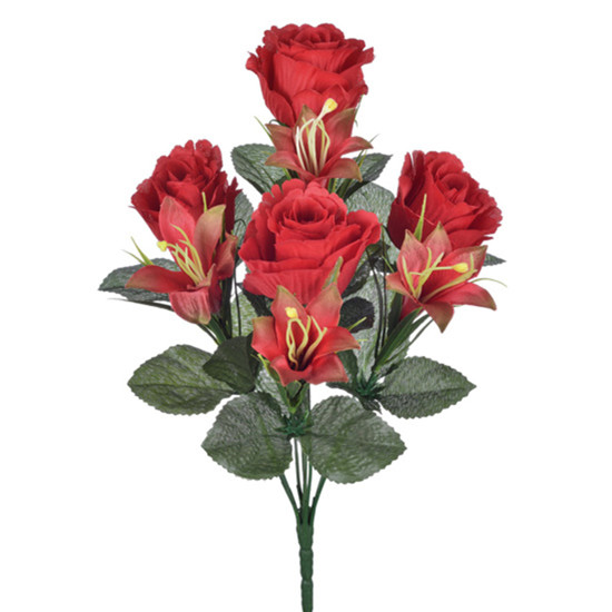 Imagem BUQUÊ MISTO DECORATIVO DE ROSA E LÍRIO VERMELHO EM PLÁSTICO MOLDÁVEL 35X18CM - GRILLO