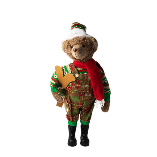 Imagem URSO DECORATIVO COM ROUPINHA XADREZ E CACHECOL COR VERDE, VERMELHO E BRAMCO 50CM 