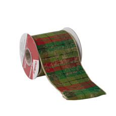 Imagem de FITA ARAMADA LISTRADA COR VERDE, VERMELHO E DOURADO 10,16CM X 4,57 METROS - TOK DA CASA - Cromus Embalagens Ind. E Com. Ltda