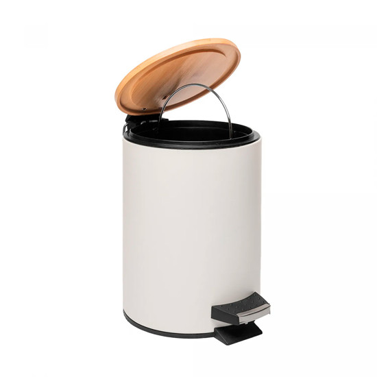 Imagem LIXEIRA REDONDA 5L DE METAL COM PEDAL E TAMPA EM BAMBU BRANCA 25,5X20,5X20,5CM - LYOR