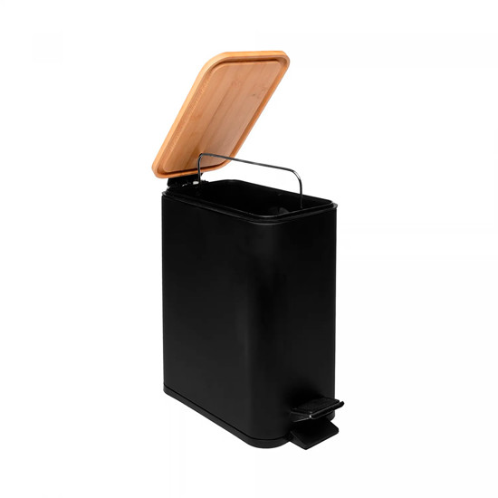 Imagem LIXEIRA RETANGULAR DE METAL 28X28,2X14CM COM PEDAL E TAMPA EM BAMBU PRETA 5L - LYOR