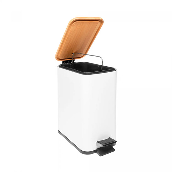 Imagem LIXEIRA RETANGULAR DE METAL COM PEDAL E TAMPA EM BAMBU BRANCA 5L - LYOR