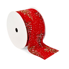Imagem de FITA ARAMADA DECORATIVA VERMELHA AVELUDADA COM PINHEIROS E NEVE 6,3CM X 9,14M GRILLO - Grillo Ltda