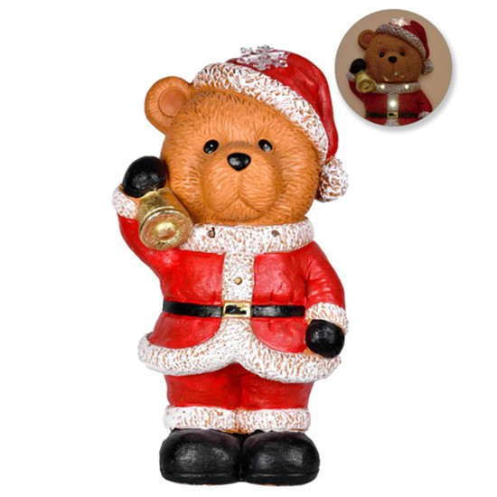 Imagem URSO NOEL DECORATIVO EM RESINA COM SINO DOURADO E DETALHES EM LED 40CM - GRILLO