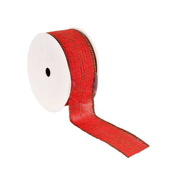 Imagem FITA ARAMADA DECORATIVA EM LINHO VERMELHO E DETALHES VERDES 4CM X 9,14M - GRILLO