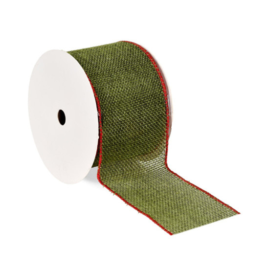 Imagem FITA ARAMADA DECORATIVA EM LINHO VERDE E BORDA VERMELHA 6,3CM X 9,14M - GRILLO