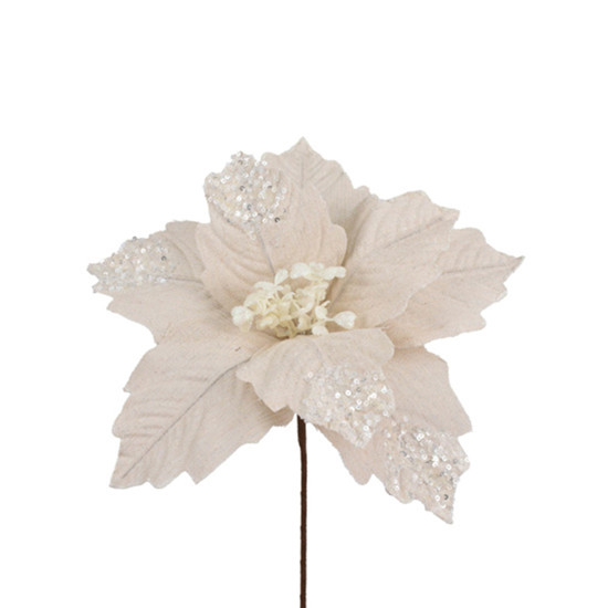 Imagem HASTE DECORATIVA DE POINSÉTIA OFF WHITE COM GLITTER EM POLIÉSTER 20X28CM - GRILLO