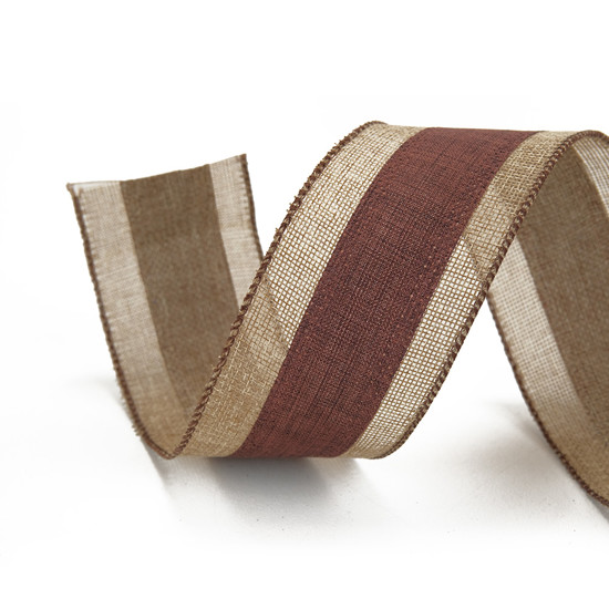 Imagem FITA DECORATIVA LISTRADA BEGE E MARROM EM POLIÉSTER 6,3CM X 9,14M - CROMUS