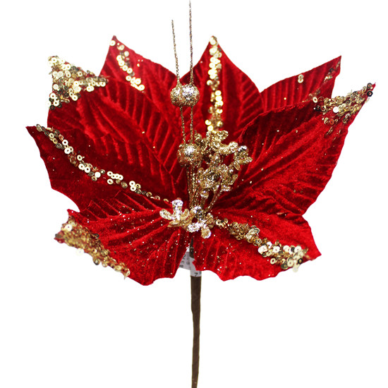 Imagem HASTE DECORATIVA DE POINSÉTIA VERMELHA AVELUDADA COM GLITTER EM POLIÉSTER - GRILLO
