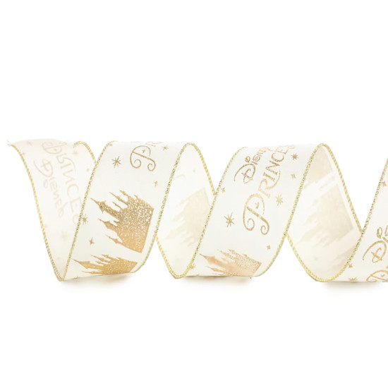 Imagem FITA ARAMADA BRANCA E DOURADA PRINCESA DISNEY E CASTELOS 6,3CM X 9,14M - CROMUS