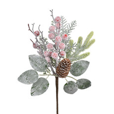 Imagem de HASTE DECORATIVA DE BERRIES VERMELHASE FOLHAGEM VERDE COM PINHA EM PLÁSTICO - GRILLO - Grillo Ltda