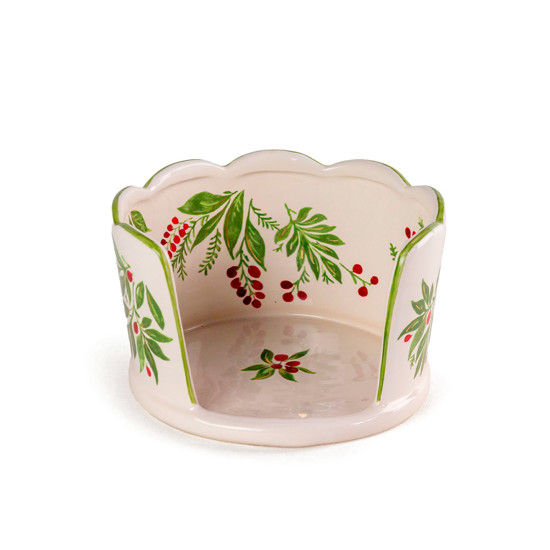 Imagem PORTA PANETONE BERRIES E FOLHAS VERDES ABERTO DE CERÂMICA - CERÂMICA LUIZ SALVADOR 