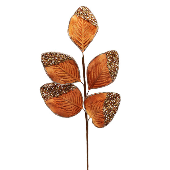 Imagem HASTE DECORATIVA DE FOLHAS COR COBRE AVELUDADO DE TECIDO E METAL 62X20CM - TOKDACASA