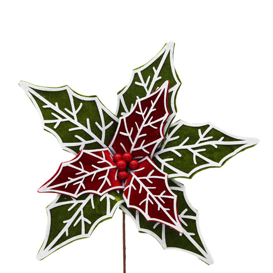 Imagem HASTE DE POINSÉTIA VERDE E VERMELHA COM BERRIES DE TECIDO E METAL 35CM - TOKDACASA