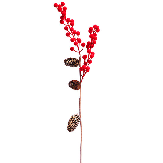 Imagem HASTE DECORATIVA DE FRUTAS VERMELHAS AVELUDADAS E PINHAS MARRONS 70CM - TOKDACASA