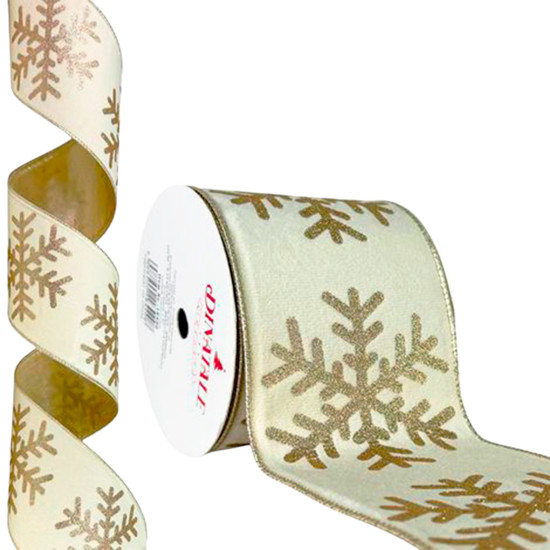 Imagem FITA NATALINA ARAMADA BRANCA E DOURADA 10CM X 9,14M - DINATALE