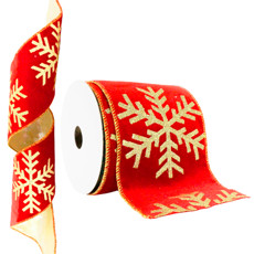 Imagem de FITA NATALINA ARAMADA VERMELHA E DOURADA FLOCO DE NEVE 9CM X 9,14M - DINATALE - Dinatale Import Ltda