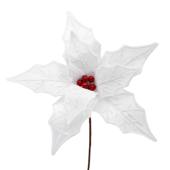 Imagem HASTE DE POINSÉTIA BRANCA COM BERRIES VERMELHAS DE TECIDO E METAL 35CM - TOKDACASA