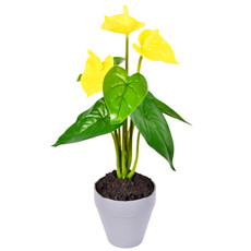 Imagem de ARRANJO DECORATIVO DE ANTÚRIO AMARELO DE PLÁSTICO COM FOLHAS VERDES NO POTE - GRILLO - Grillo Ltda