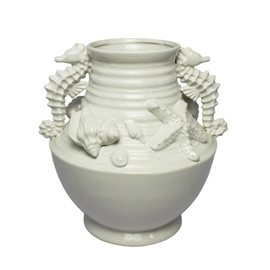 Imagem VASO BRANCO COM ALÇAS DECORATIVO DE CERÂMICA 25X25X21CM - ENTRE MARES