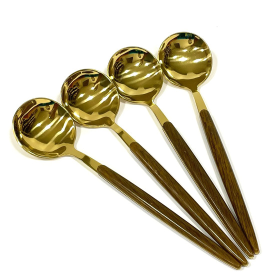 Imagem CONJUNTO 06  COLHERES EM AÇO INOX PARA MESA COM CABO EM ESTAMPA DE MADEIRA COR DOURADO - LYOR 