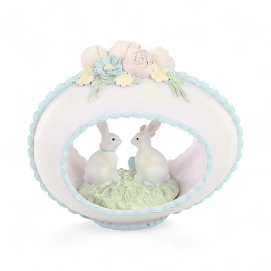 Imagem CASAL DE COELHOS BRANCOS NO OVO DECORATIVO DE RESINA 14X17X10CM - CROMUS